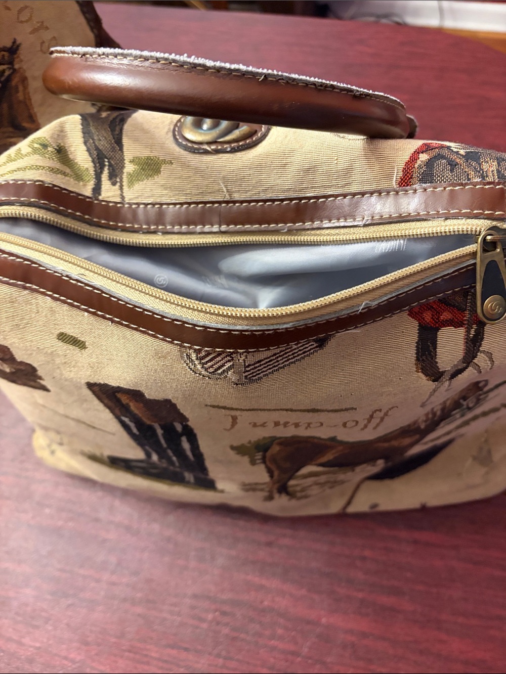 Vintage Oleg Cassini Beige Equestrian-Print Canvas Tote with Brown Trim - Picture 4 of 13